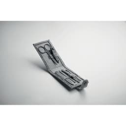 A grey felt nail kit containing scissors and various nail care tools, neatly arranged and zipped open.