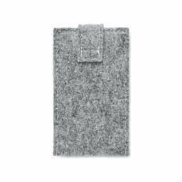 A grey felt nail kit case with a flap closure. It features stitching along the edges and has a branding logo.