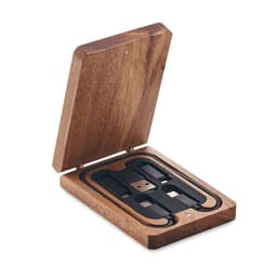 A wooden box with a hinged lid, containing a USB drive and accompanying accessories in a black foam insert.