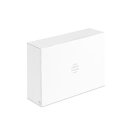 A white packaging box with a logo design, featuring a minimalistic aesthetic.