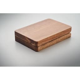 A wooden box with a smooth finish, featuring a light and dark brown colour with a simple, elegant design.