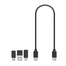 A USB cable in black with interchangeable connectors for various devices. Contains a branding logo.