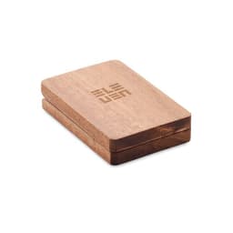 A wooden box with a smooth finish and a branded logo on the top, featuring a rectangular shape.