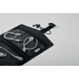 A cable organiser featuring a black design with multiple mesh pockets for storing cables and accessories.
