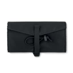 A black travel organiser with a secure strap and fastening mechanism. It features a simple, sleek design.