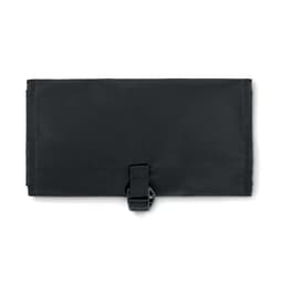 A black travel organiser secured with a buckle, featuring a simple and sleek design.