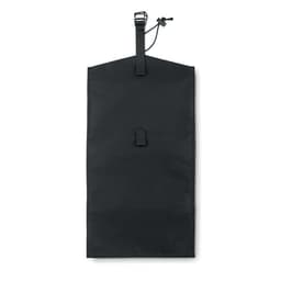 A black travel pouch with a drawstring closure and adjustable strap, designed for convenience and storage.