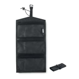 A black hanging organiser with multiple mesh pockets and a strap for easy storage. It includes a rolled-up version.