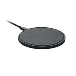 A wireless charging pad in black, featuring a circular design with a slim profile and a connected cable.