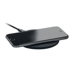 A wireless charging pad with a sleek black design and a smartphone resting on it.