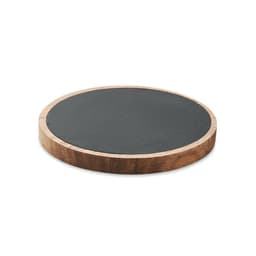 A round coaster featuring a dark surface with a light wooden edge, showcasing a natural wood finish.
