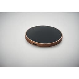 A round wireless charger with a black surface and a wooden rim, featuring a USB-C port.