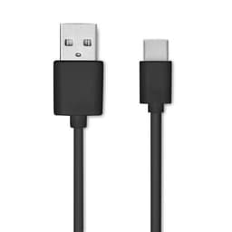 A black USB charging cable with standard USB and USB-C connectors on each end. It has a sleek, minimalist design.