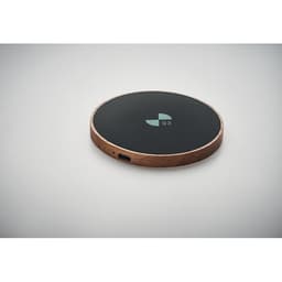 A wireless charging pad with a wooden edge and a black surface, featuring a logo on top.
