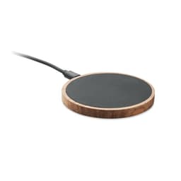 A wireless charging pad with a wooden outer rim and a black charging surface, connected by a cable.