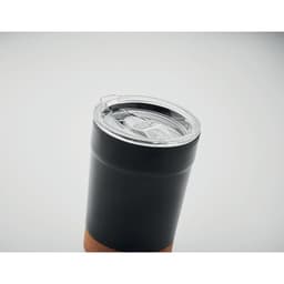 A drink bottle in black with a clear lid and cork base, featuring a logo on the side.