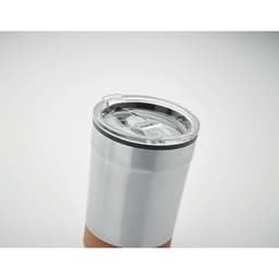 A drink bottle with a silver stainless steel body and a clear plastic lid, featuring a cork base and a logo.
