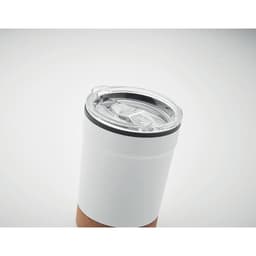 A drink bottle in white with a clear lid and a cork base, featuring a logo on the side.