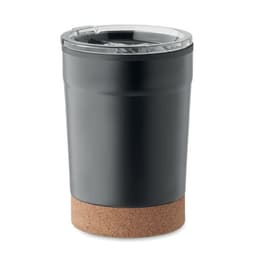 A drink bottle in matte black with a cork base and a clear lid. It features a logo on its surface.