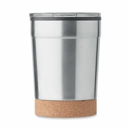A drink bottle made of stainless steel with a cork base and a silver finish. It features a lid.