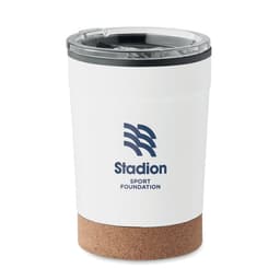 A drink bottle in white with a cork base and a clear lid features a logo.