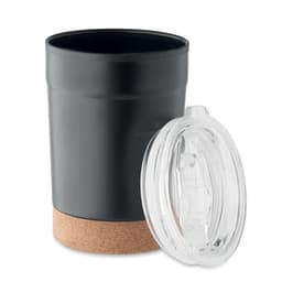 A drink bottle in matte black with a cork base and a clear lid. Features a logo on the side.