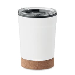 A drink bottle with a white body and cork base, featuring a clear lid and black trim.