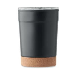 A drink bottle in matte black with a cork base and a clear lid, featuring a logo on the side.