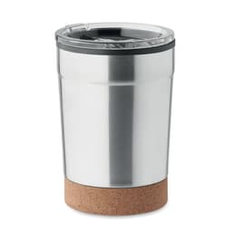 A drink bottle with a stainless steel body and a cork base, featuring a transparent lid.