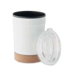 A drink bottle with a white body, cork base, and clear lid. It features a logo on the side.