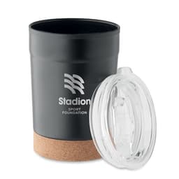 A drink bottle featuring a black body, cork base, and a clear lid, with a logo on the front.