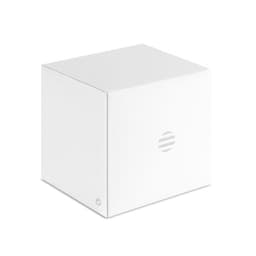 A plain white cube-shaped box with a subtle logo on one side.