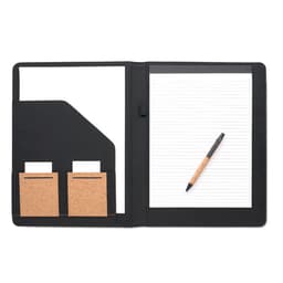 A notepad folder in black with lined paper, two cork business card slots, and a pen featuring a cork grip.