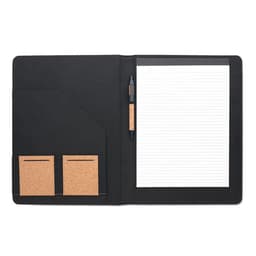 A black organiser folder with cork accents, containing a notepad and spaces for cards and a pen.