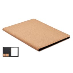 A cork-style folder featuring a natural brown cover, with a black interior containing stationary pockets and a notepad.