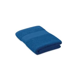 A folded towel in a solid blue colour, featuring a textured stripe across the middle.
