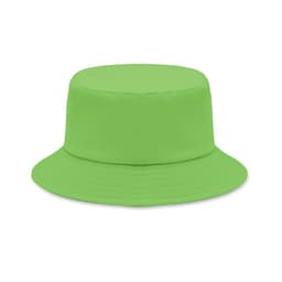 A green bucket hat with a structured top and wide brim. It features a smooth finish and no visible branding.