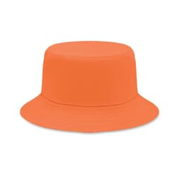A bucket hat in bright orange with a wide brim and a smooth texture, featuring a branding logo.