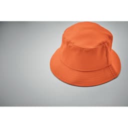 A bucket hat in bright orange, featuring a wide brim and a smooth fabric finish. The hat has a simple design and no visible branding.
