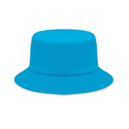 A bright blue bucket hat with a wide brim and a structured top. It has a simple design without embellishments.