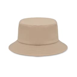 A bucket hat in a light beige colour with a rounded crown and wide, flat brim. It features no visible branding.