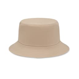 A bucket hat in a light beige colour, featuring a round crown and wide, downward-sloping brim.