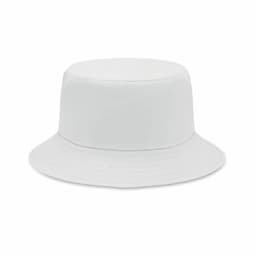 A bucket hat in solid white, featuring a wide brim and a structured design. It has a simple branded logo.