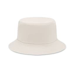A bucket hat in a light cream colour with a wide brim and a rounded top. It features a simple design.