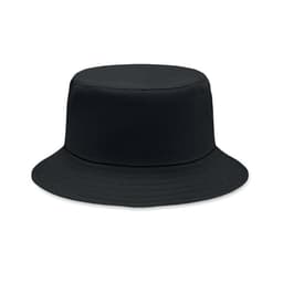 A black bucket hat with a flat crown and wide brim, featuring a textured fabric.