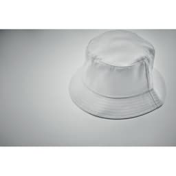 A white bucket hat featuring a smooth fabric and a wide brim, positioned on a light background.