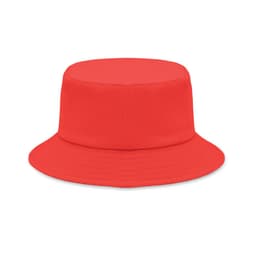 A red bucket hat with a wide brim and a flat crown. The fabric appears smooth and even.