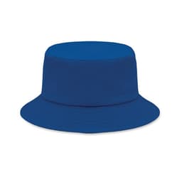 A blue bucket hat with a wide brim and a smooth surface, featuring a simple design and no visible logos.