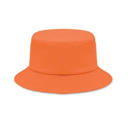 A bucket hat in vibrant orange with a rounded crown and wide, floppy brim.