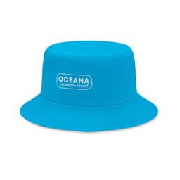 A blue bucket hat featuring a white logo on the front. The hat has a wide brim and is made of soft fabric.